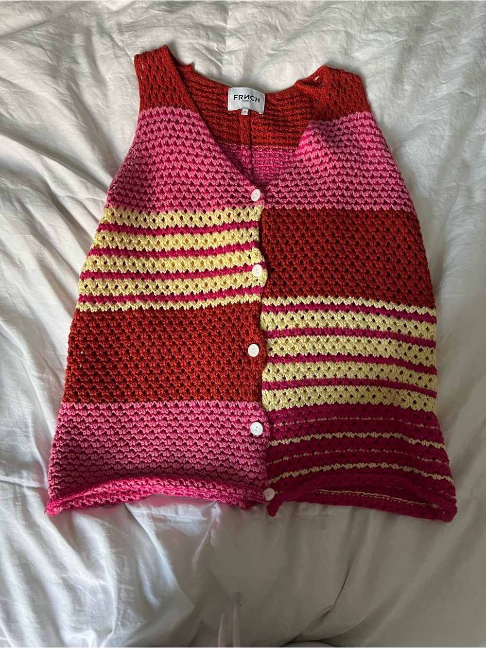FRNCH Pink, Red & Yellow Crochet Button-Front Sleeveless Vest